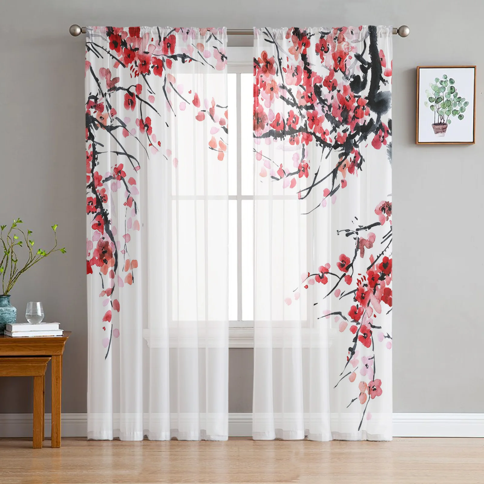 

Ink Painting Plum Bossom Red Flowers White Sheer Curtains for Living Room Decor Window Curtains Kitchen Tulle Voile Curtains