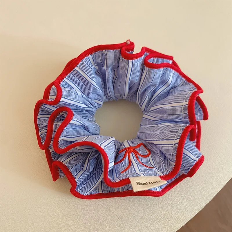 

Blue Striped Knot Embroidered Double Layer Hair Ties Women's Korean Sle Hair Ba for Bun Fre out New Faion ...