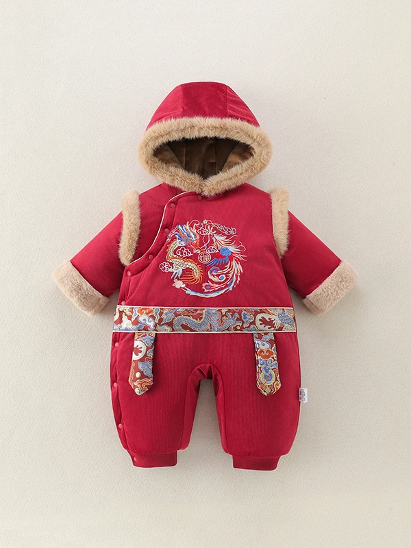 

Зимний наряд Thiened, детская новогодняя одежда, красный модный цельный костюм для малышей, теплая уличная одежда, зимнее хлопковое пальто