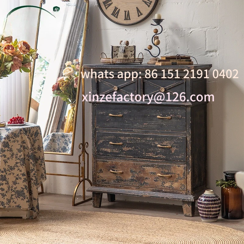 

Customizable American country pastoral retro old chest of drawers, solid wood living room drawer side cabinet, wabi sofa chest o