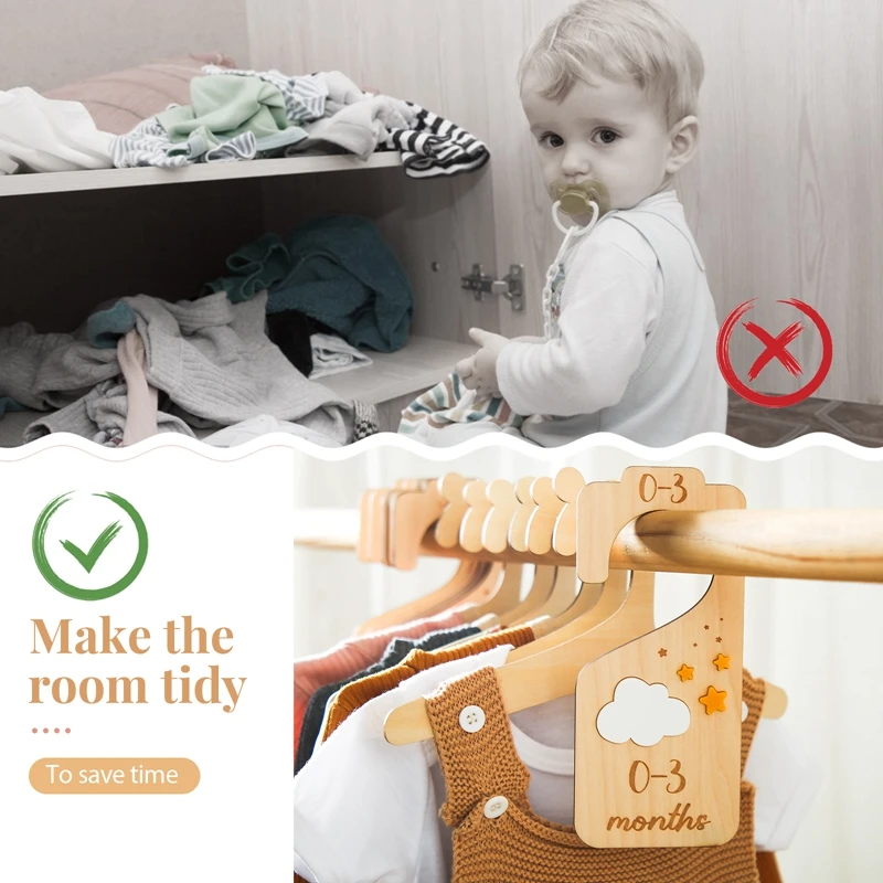 Wooden Baby Wardrobe Divider Label 7-Piece Set Newborn 24 Months Wardrobe Clothes Size Organizer Nursery Baby Hanger Dividers