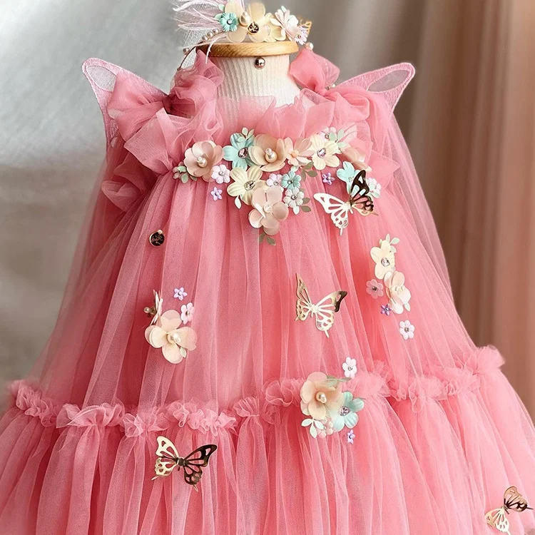 Girls' Dress 2024 New Fashion Sequin Princess Dress Girls' Butterfly Wings Mesh Fluffy Dress Carnival High end Performance Dress