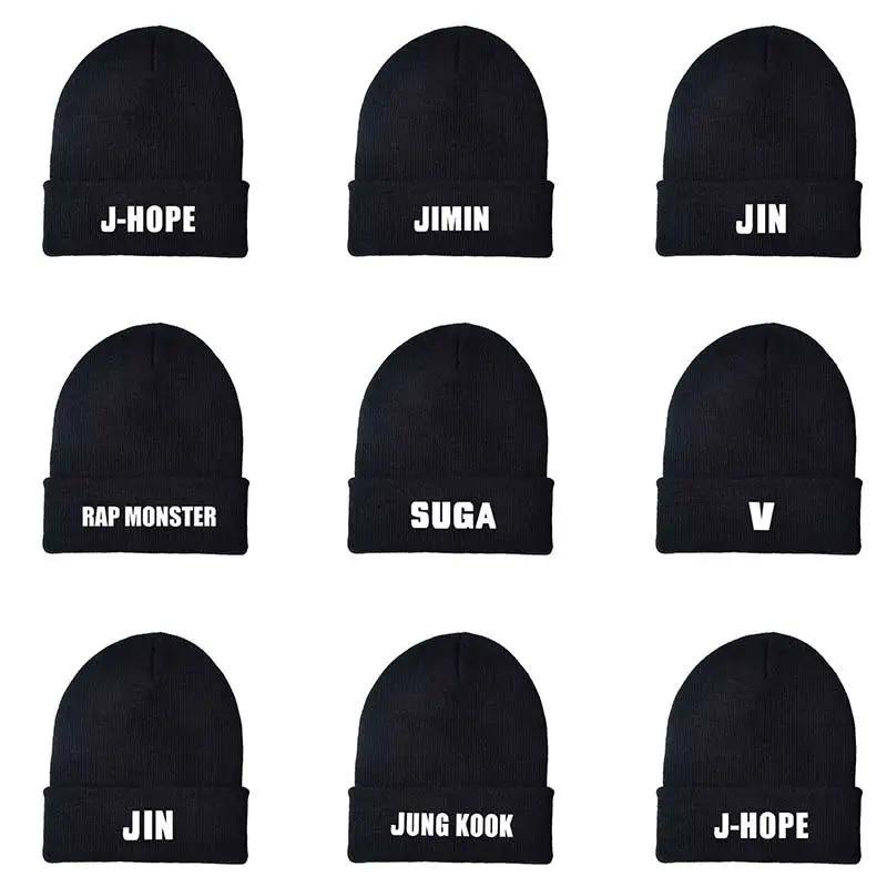 Kpop Printed Beanie Knitted Hat Jimin Jhope Suga V Taehyung Rap Monster Jin Jungkook Harajuku Wool Cap Teen Women Men Supporters