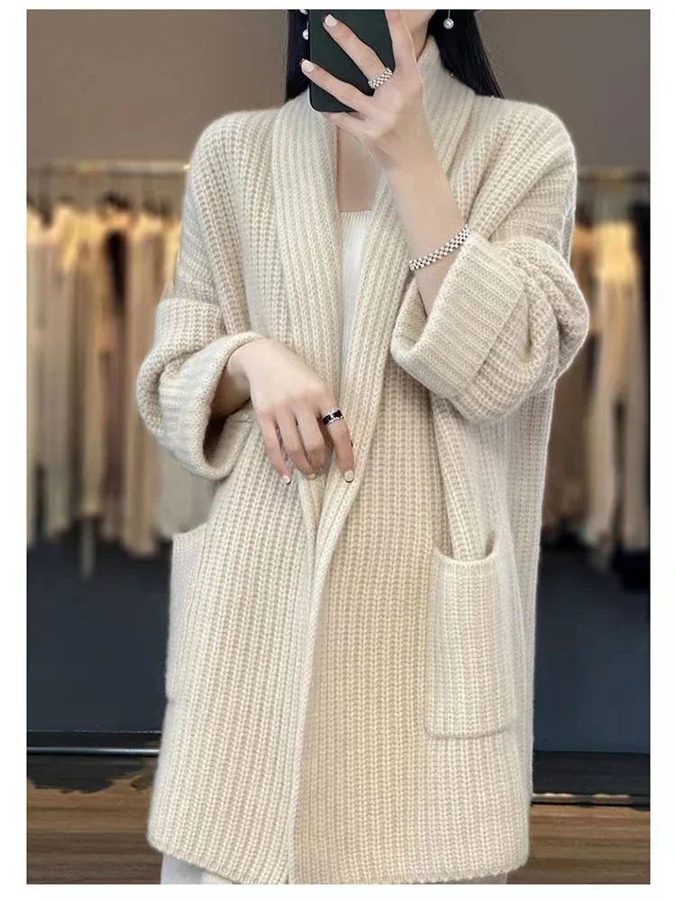 Sweater Jacket Women Cashmere Clothing Cardigan Middle Length Tops V-neck Woolen Sweater Loose Wool Knitted Coat Autumn Winter