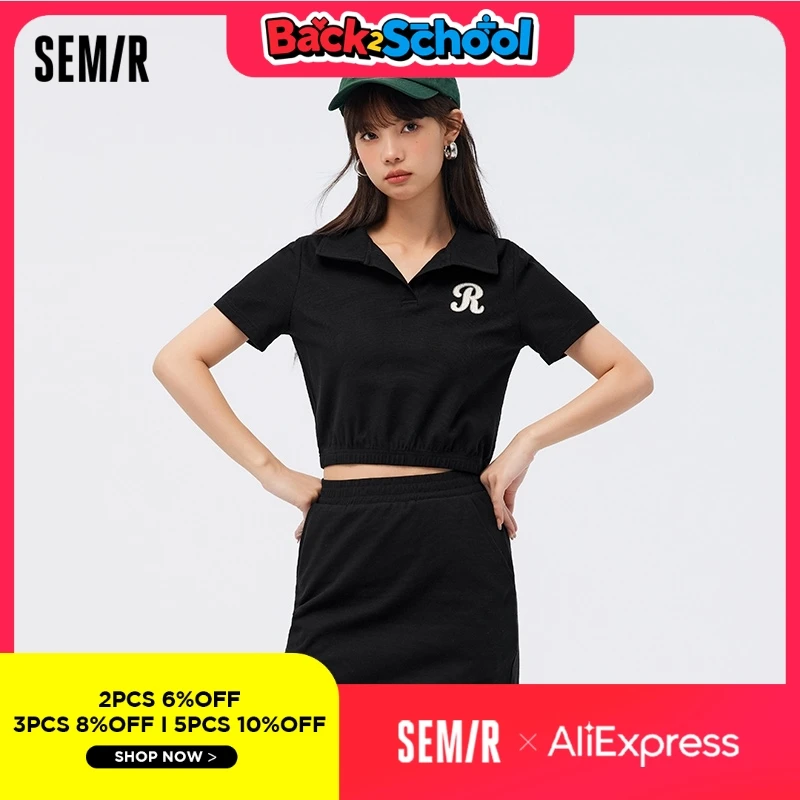 

Semir Set Women Polo Neck Embroidered Top Elastic Waist Skirt 2024 Summer New Waffle Two Piece Casual Set