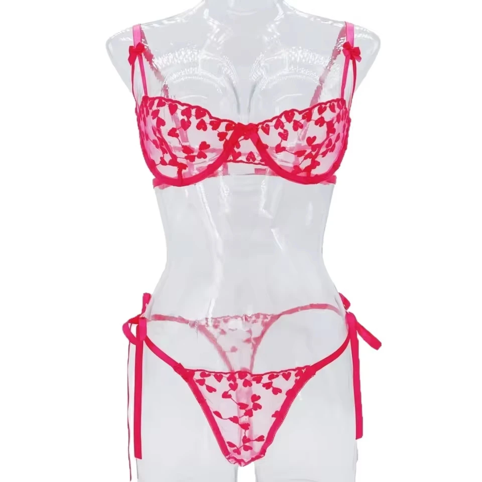 

2 Piece Western Style Romantic Heart Erotic See Through Bra Womens With Adjustable Straps Lace Mesh Trendy Sexy Lingerie Set