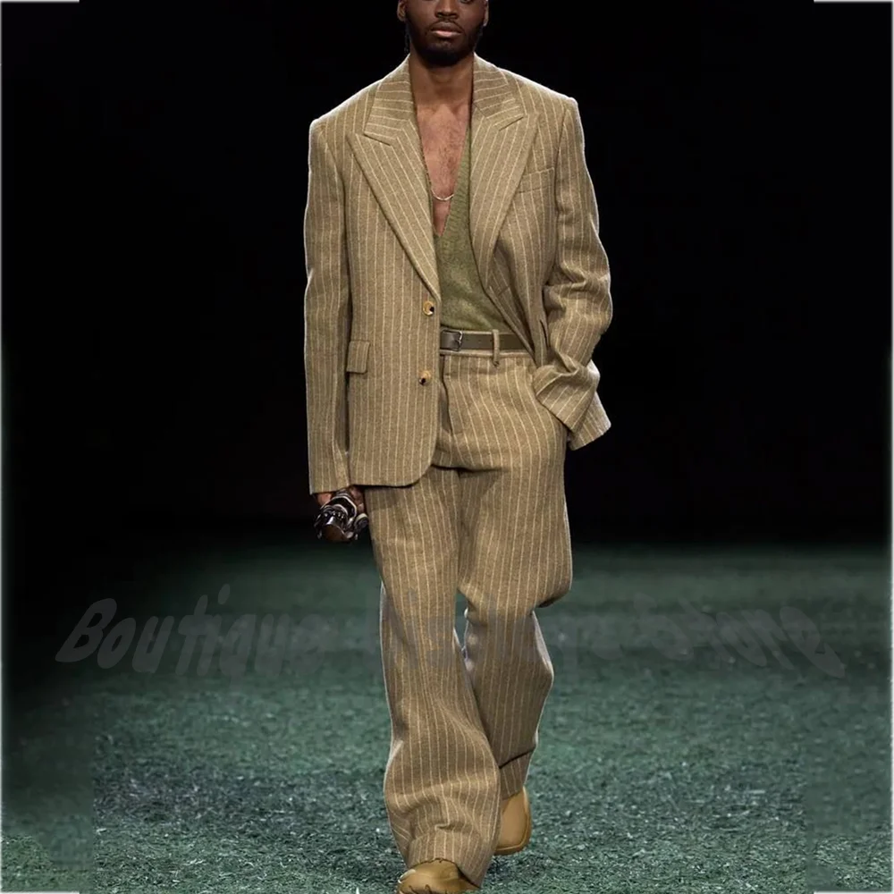 

Loose Casual Men's Suit Vintage Striped Wide Peak Lapel Single Breasted Blazer Set Birthday Show Prom Gentleman Outfit Attire