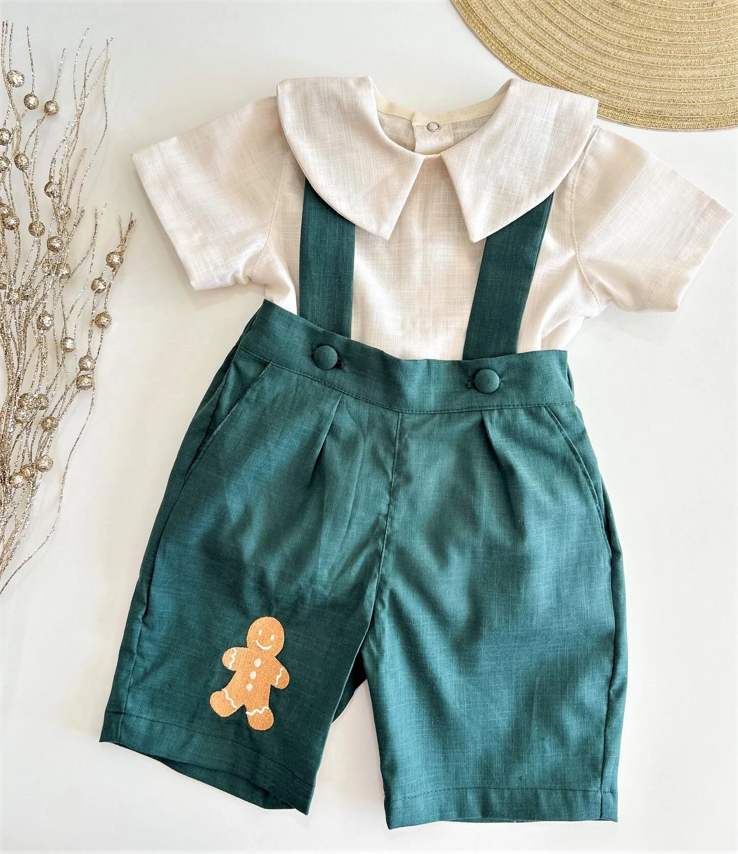 0-6Y Baby Boy Vintage Gingerbread Man Embroidery Green Beige Suit Outfit For Birthday Party Photography