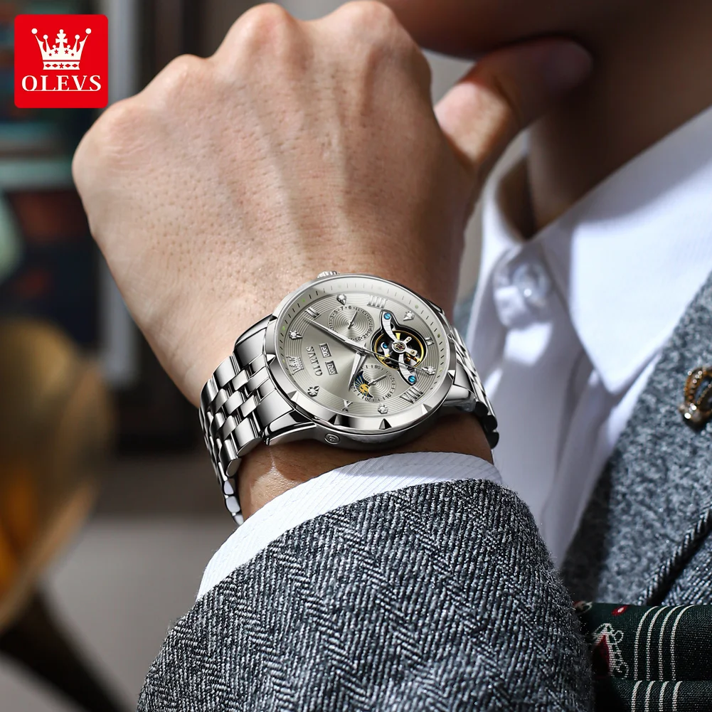 男性用機械式フライホイールウォッチ,高級時計,日付,自動,ムーンフェイズ,発光,防水,オリジナルブランド,OLEVS-6691