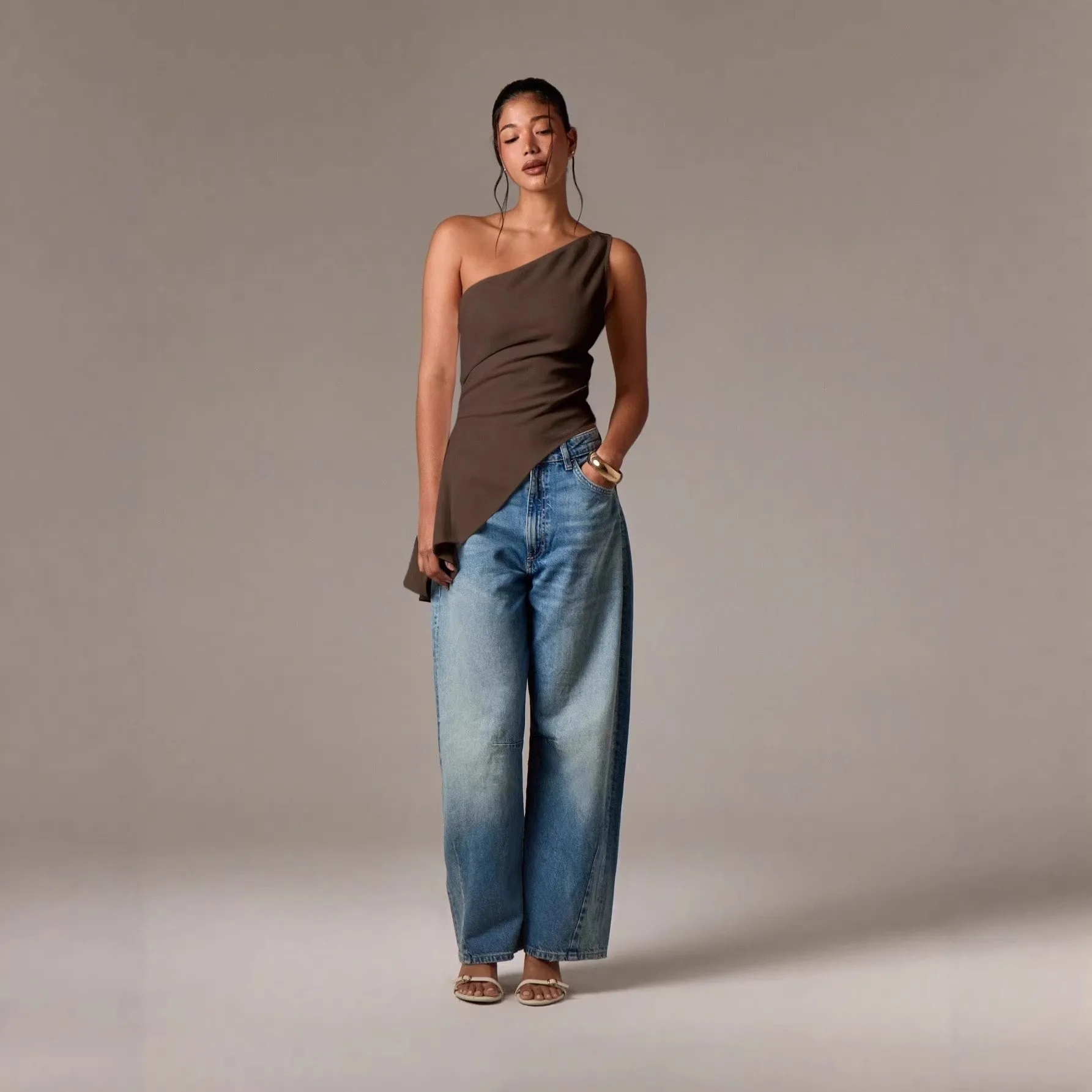 Patchwork Sleeveless Top Slim Fit Socialite Style with Strap Style Tassel Detail Asymmetrical Neckline Women T Shirts Spring
