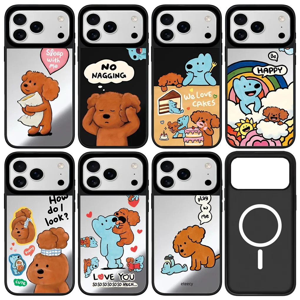 

Brown Blue Dog Mirror Surface Black Border Magnetic Phone Case Cover for IPhone 12 13 14 15 16 17 Pro Max Case