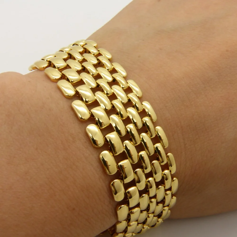 Wide Mesh Wrist Bracelet Chain Real 18k Gold Color Trendy Bracelet For Women Men 8.3\