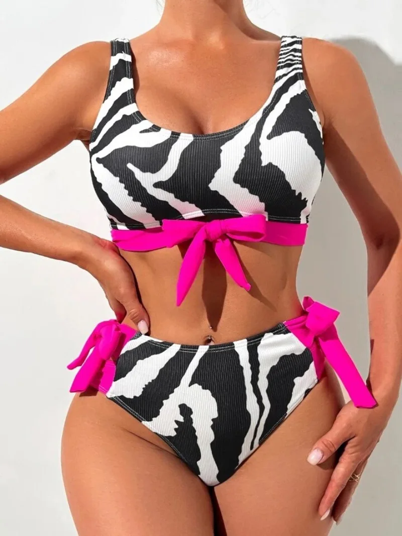 2026 Women's Zebra Print Bikini Set Pink Color Block Full Coverage Top for Large Bust Sexy High Waist Swimsuit Holiday Beach Set
