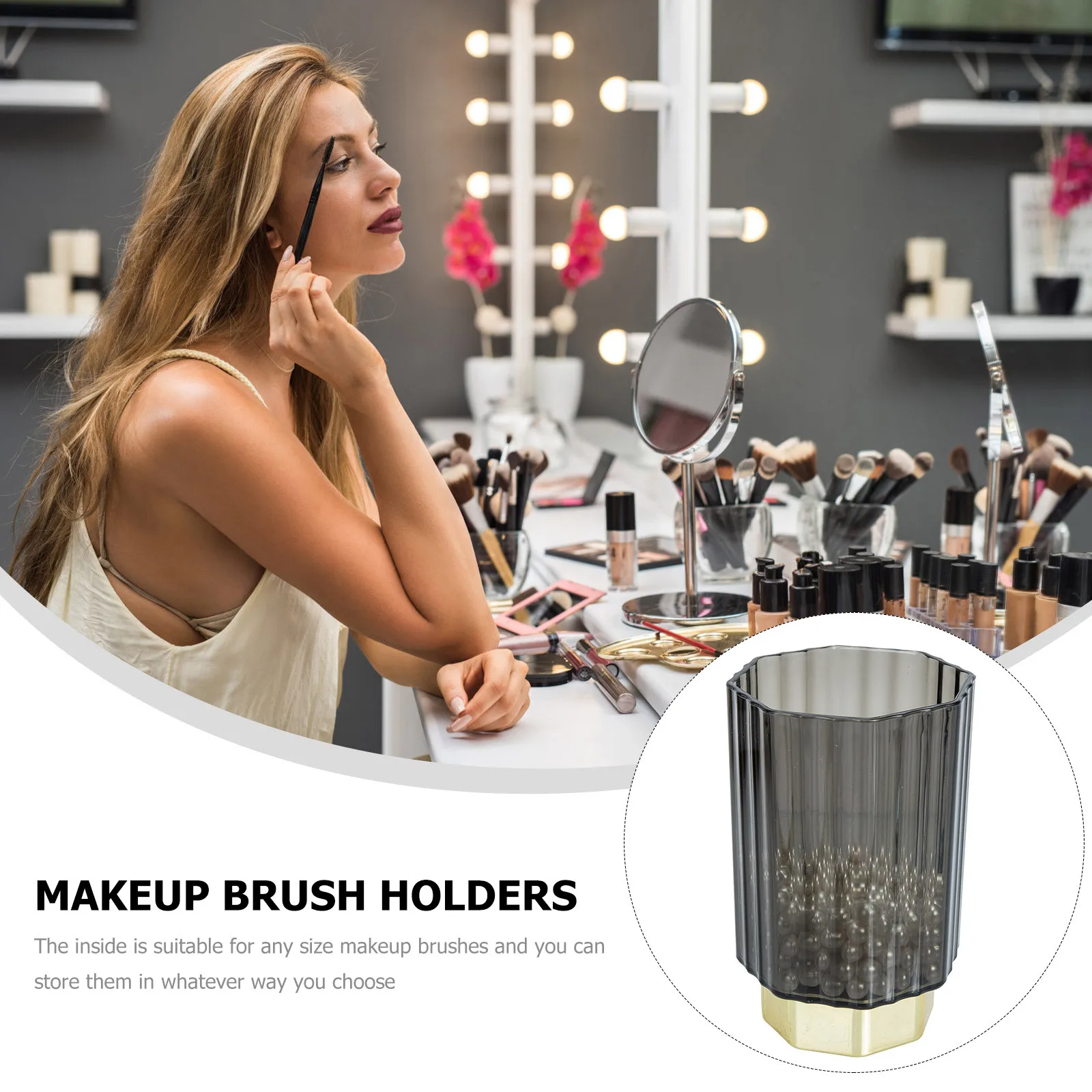 ゴールドリムガラス製メイクブラシホルダー、無料のパール付き、口紅や鉛筆の収納用デスクトップオーガナイザー、メイクブラシ