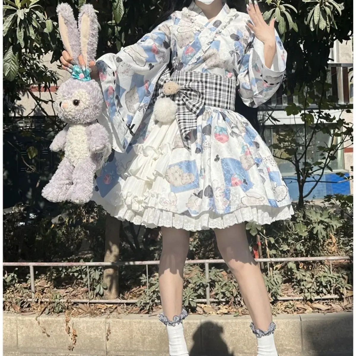 Vestido de renda manga longa para senhoras, lindo vestido de coelho Lolita, Zentai japonês, saia mágica, gato, estampa de renda, kawaii