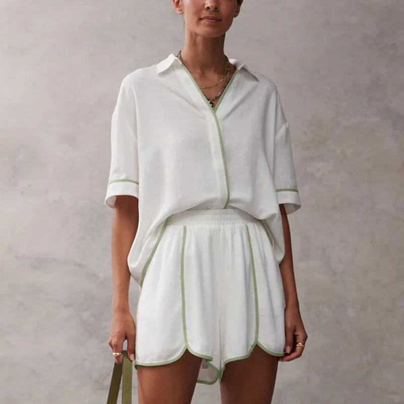 

Solid Loose Cotton Shorts Outfit Spring Women Half Sleeve Patchwork Top+High Waist Casual Wide Leg Shorts Female Two Piece Set