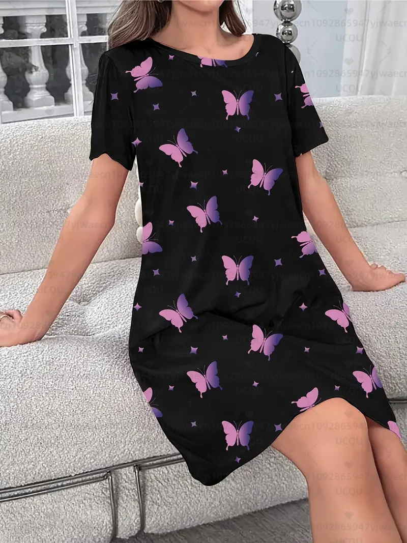 夏の女性の Tシャツドレスプラスサイズカジュアル蝶プリントプリント O ネックレディ半袖プルオーバーナイトドレス女性服
