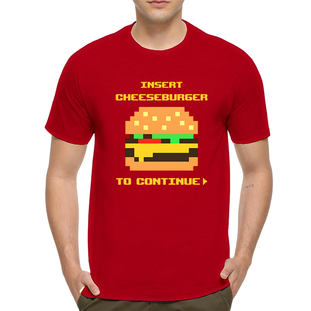 New Summer Mens 100% Cotton T Shirt Insert Cheeseburger To Continue Pixel Game Print Breathable Short Sleeve Daily Wear