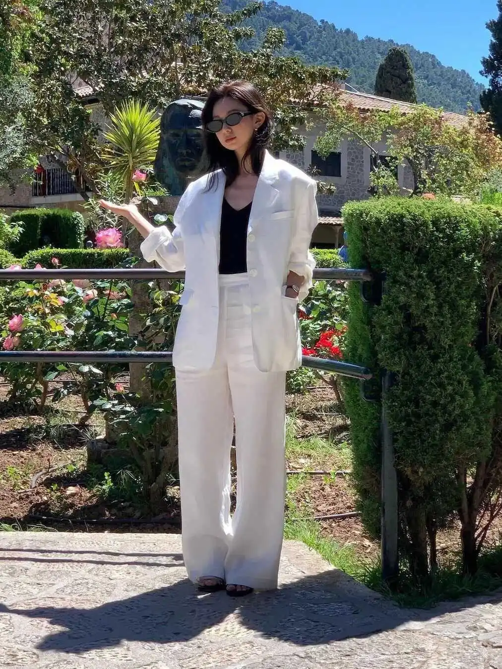 طقم بدلة تنحيف كلاسيكية فضفاضة تناسب Jaet وسراويل كاجوال مستقيمة الساق للتنقل في ملابس Faion Iuencer