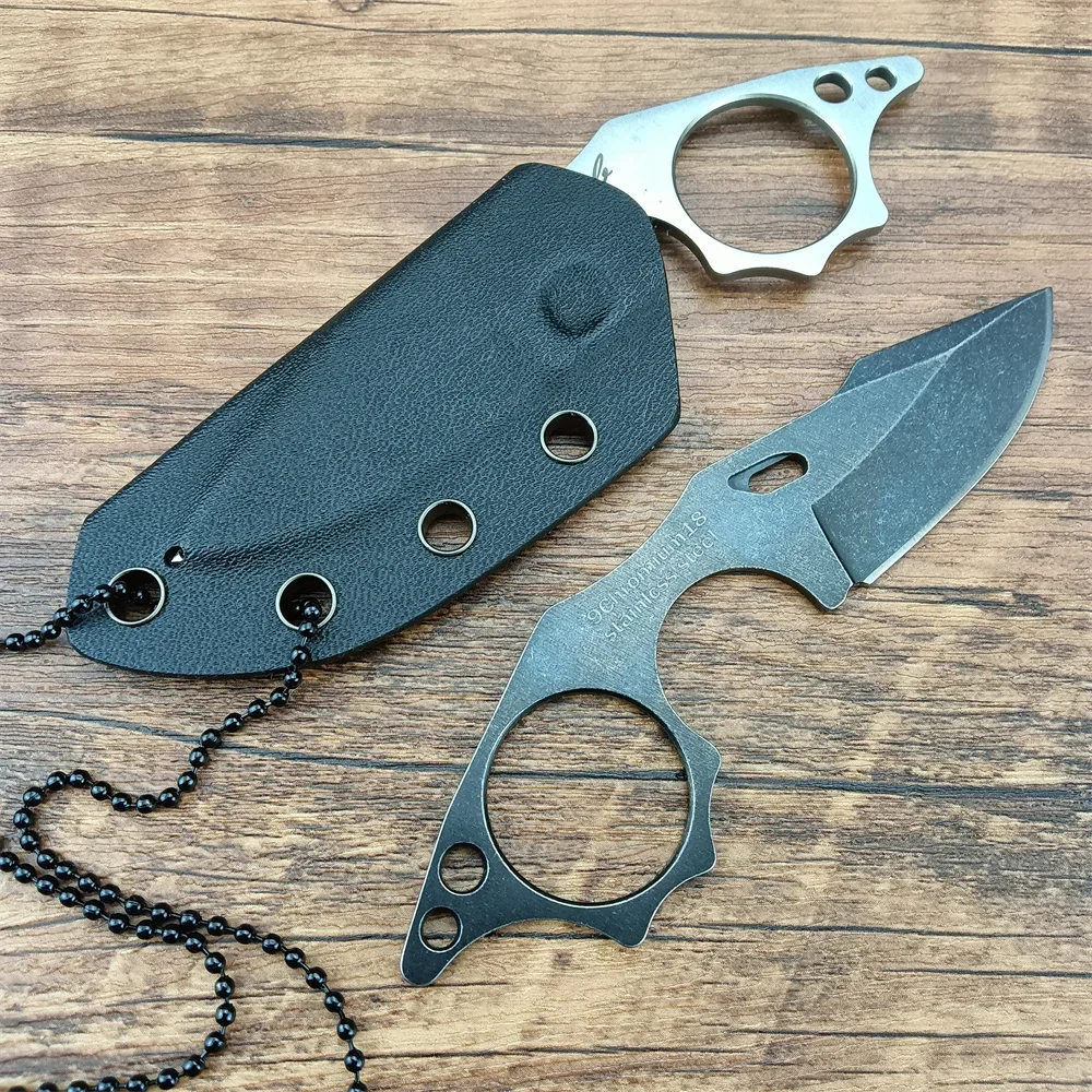 Outdoor Mini EDC Full Tang Neck Knife 9cr18 Stone Washing Stainless Steel Tactical Fixed Blade Compact Knife with Chained Sheath