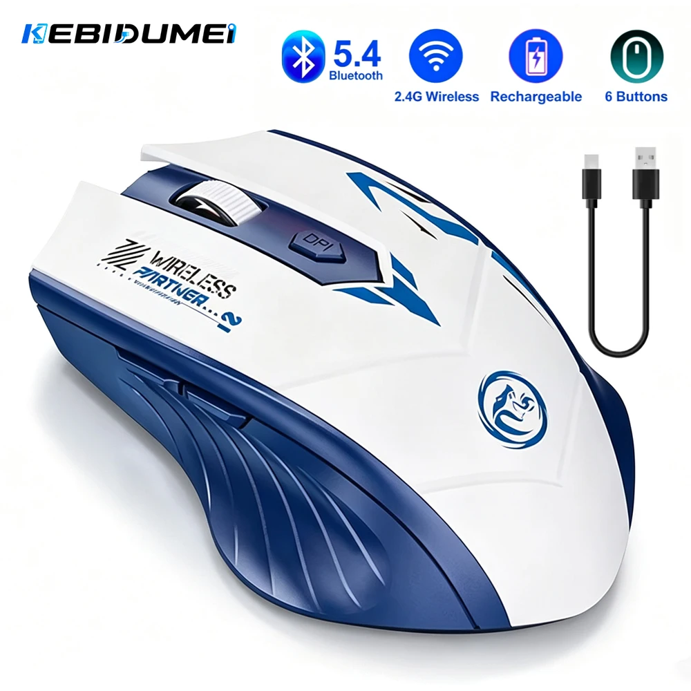 KEBIDUMEI Mouse para jogos sem fio Bluetooth 5.4, modo duplo, 6 botões, 800-1600 DPI, ajustável, recarregável, 2.4G, sem fio, para PC