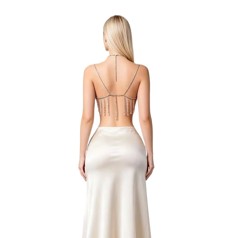 Damen Strass Perlen Quasten Körperkette Neckholder Crop Top Sexy Kristall Harness Cami Top Halloween Festival Club Party Y2K Outfit – Detail 4