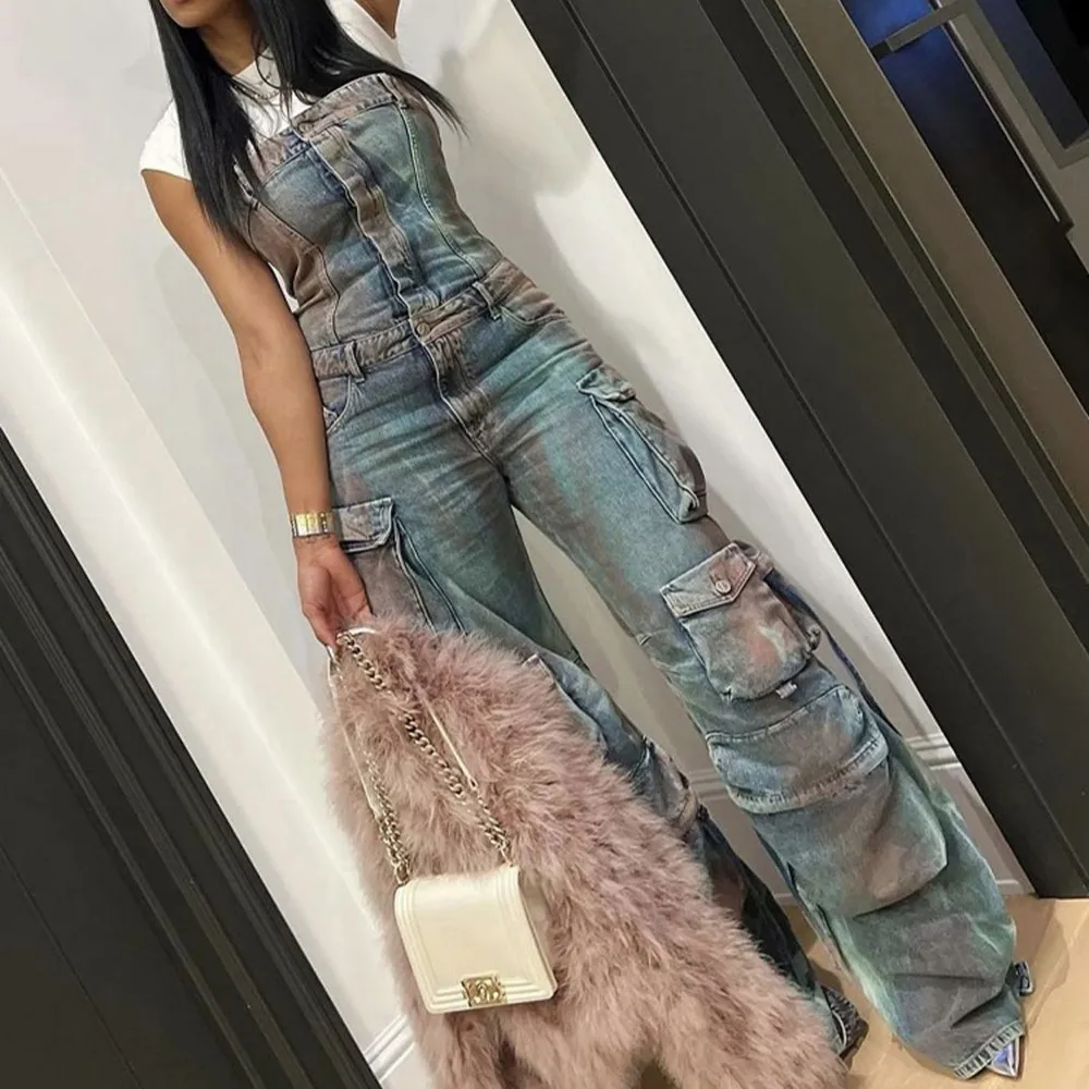 VGH Colorblock Patchwork Pocket Denim Jumpsuit For Women Strapless Sleeveless High Waist Streetwear Jumpsuits Female Fashion New