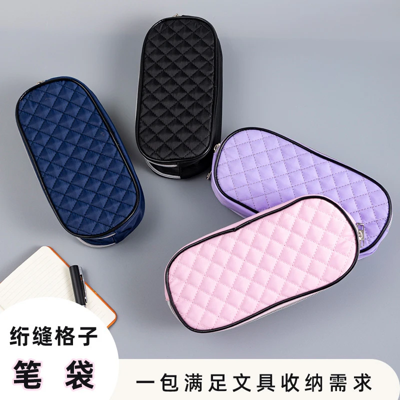 New Fashion Quilted Small Grid Pencil Case for Students, Large Capacity, Portable, Simple & Trendy, Double Zipper Stationery Bag