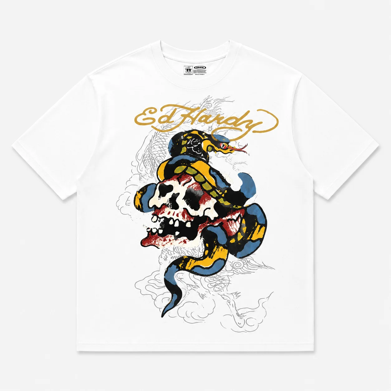 Ed Hardy Snake Coiled Blood Skull Dragon Cloud Outline Print T Shirt Unisex Loose Oversized Harajuku Streetwear Cotton Summer
