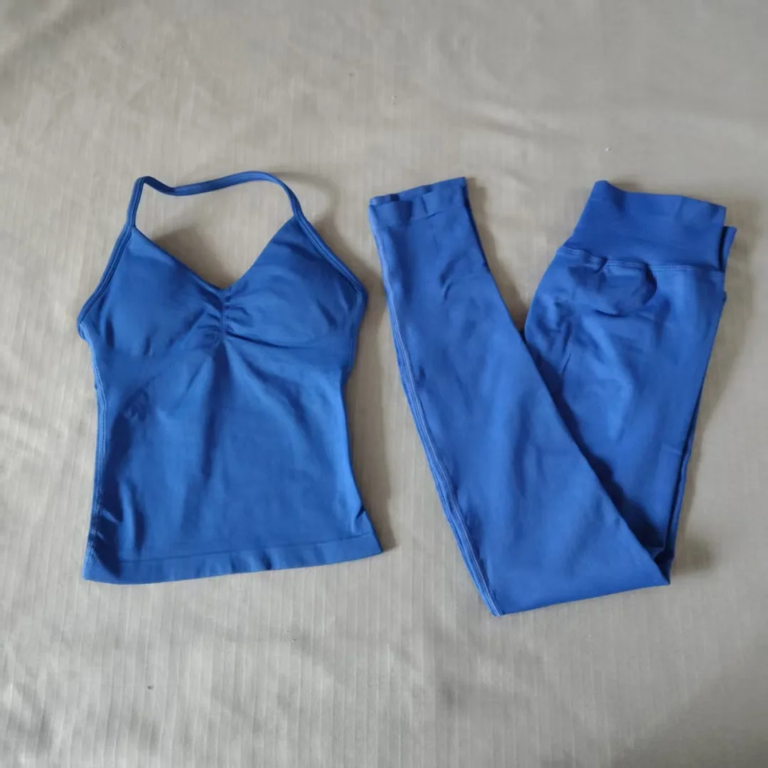 Two-Piece Sports Set: Women’s Backless Camisole Top, Fitness Tank Top, High-Waisted Seamless High-Stretch Pants, Gym Workout Set