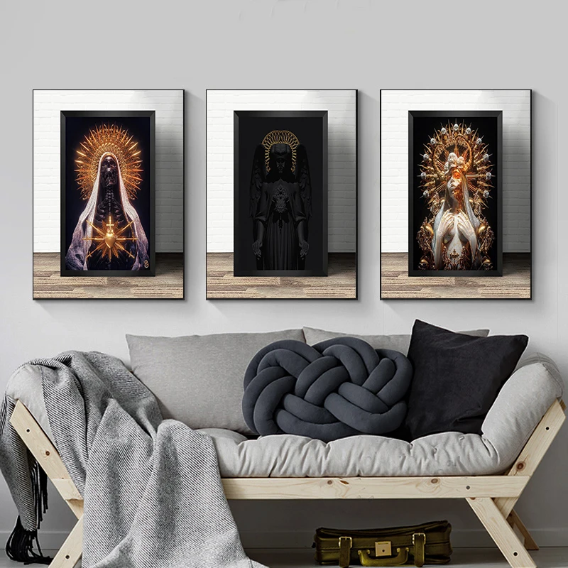 Black Golden Skull Angel Figure Art Canvas Painting Dark Gothic Posters Pictures Wall Art Paintings for Living Room Home Decor