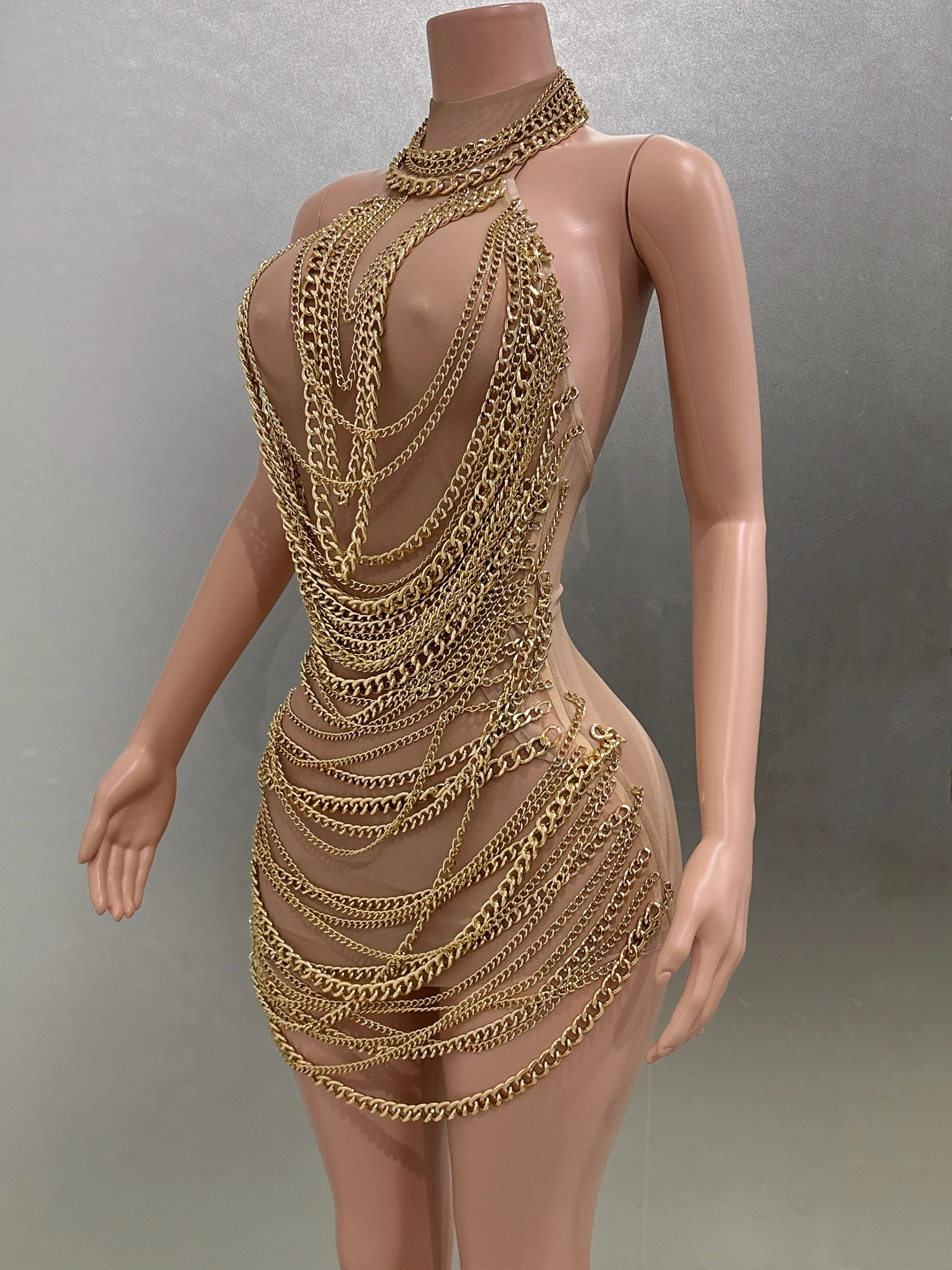 Gold Luxury Chains Khaki Sexy See-Through Sheath Mini Dress Evening Party Performance Costume Bar Nightclub Singer Stage Wear