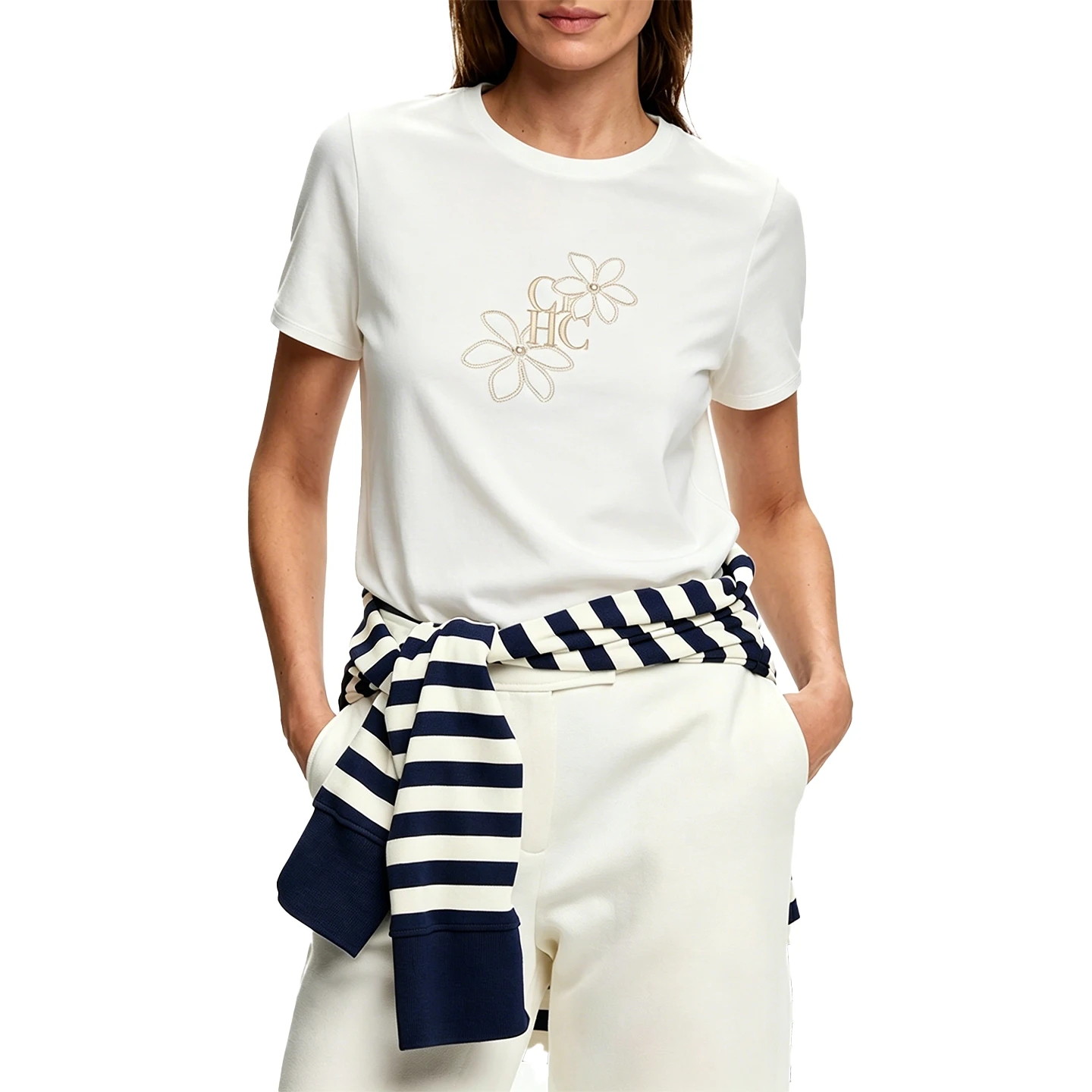 CH Damen-T-Shirt mit Rundhalsausschnitt, weiß, mit Blumenstickerei und Buchstaben-Aufdruck, weiches, lässiges Kurzarm-T-Shirt – Detail 7