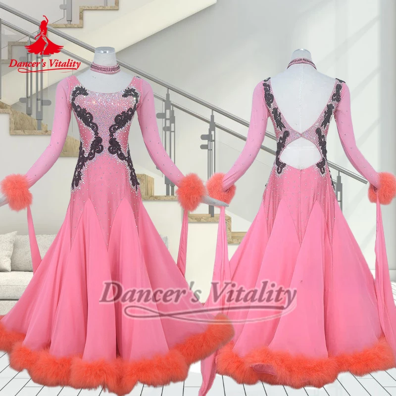 

Платье для бальных танцев для взрослых и детей с круглым воротником, пуховое танцевальное платье с ожерельем, одежда для выступлений и конкурсов танцора на заказ