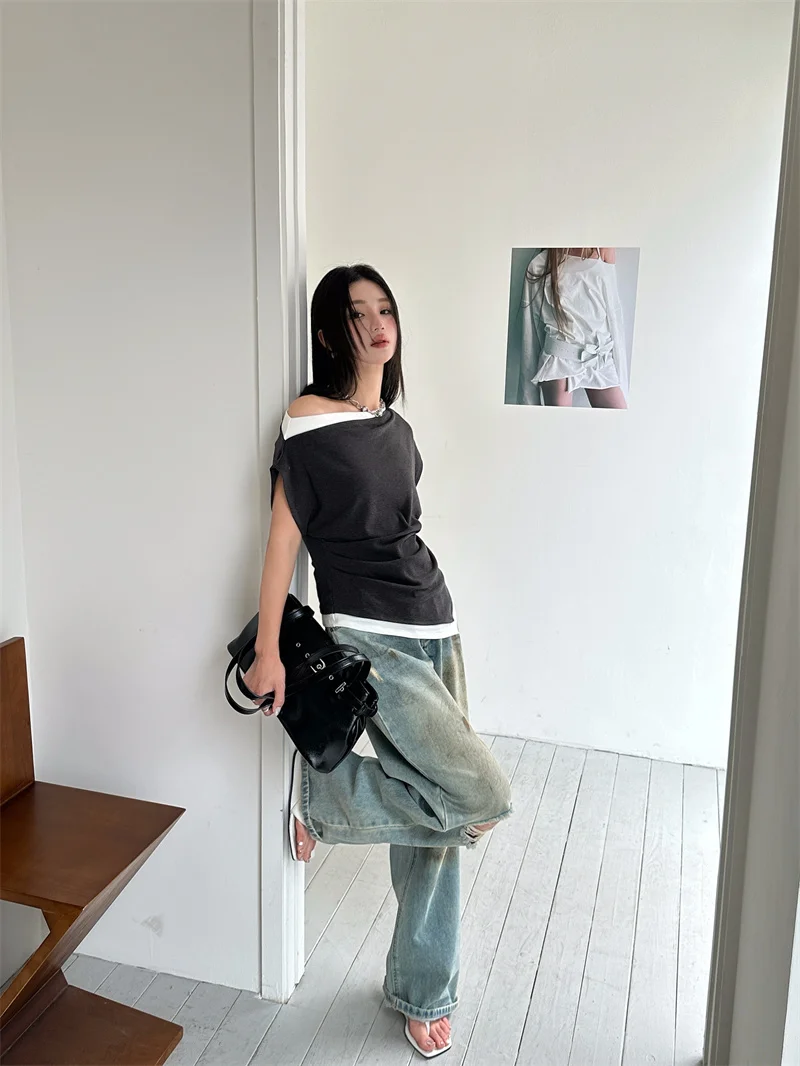 شيرارت قبالة الكتف المرقعة غير المتكافئة للمرأة 2025 الصيف تي شيرت مصمم تيز ملابس علوية صلبة #6