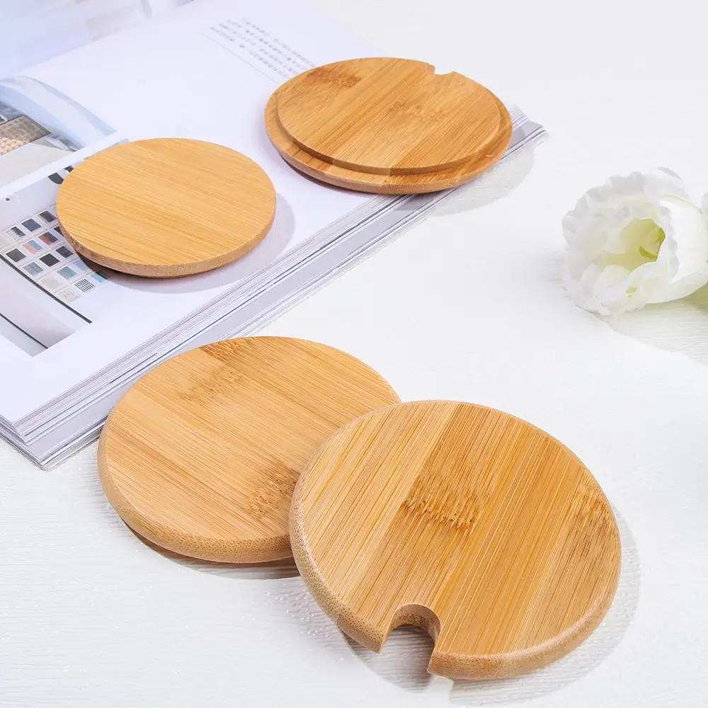 Various Sizes Kitchen Organization Mason Jar Cap Bamboo Wood Wooden Lids Mug Cover Seasoning Bottle Caps Lid With Spoon Hole