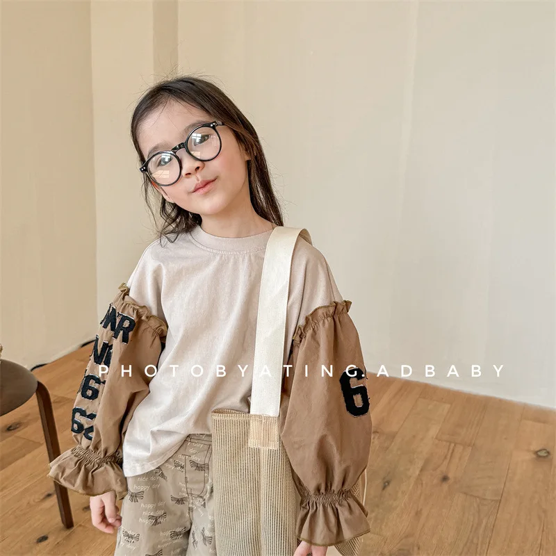 2025 Spring New Baby Girl Splicing Shirts Cotton Toddler Fashion Pull Sleeve Tops Kids Letter Casual Blouse Children Clothes