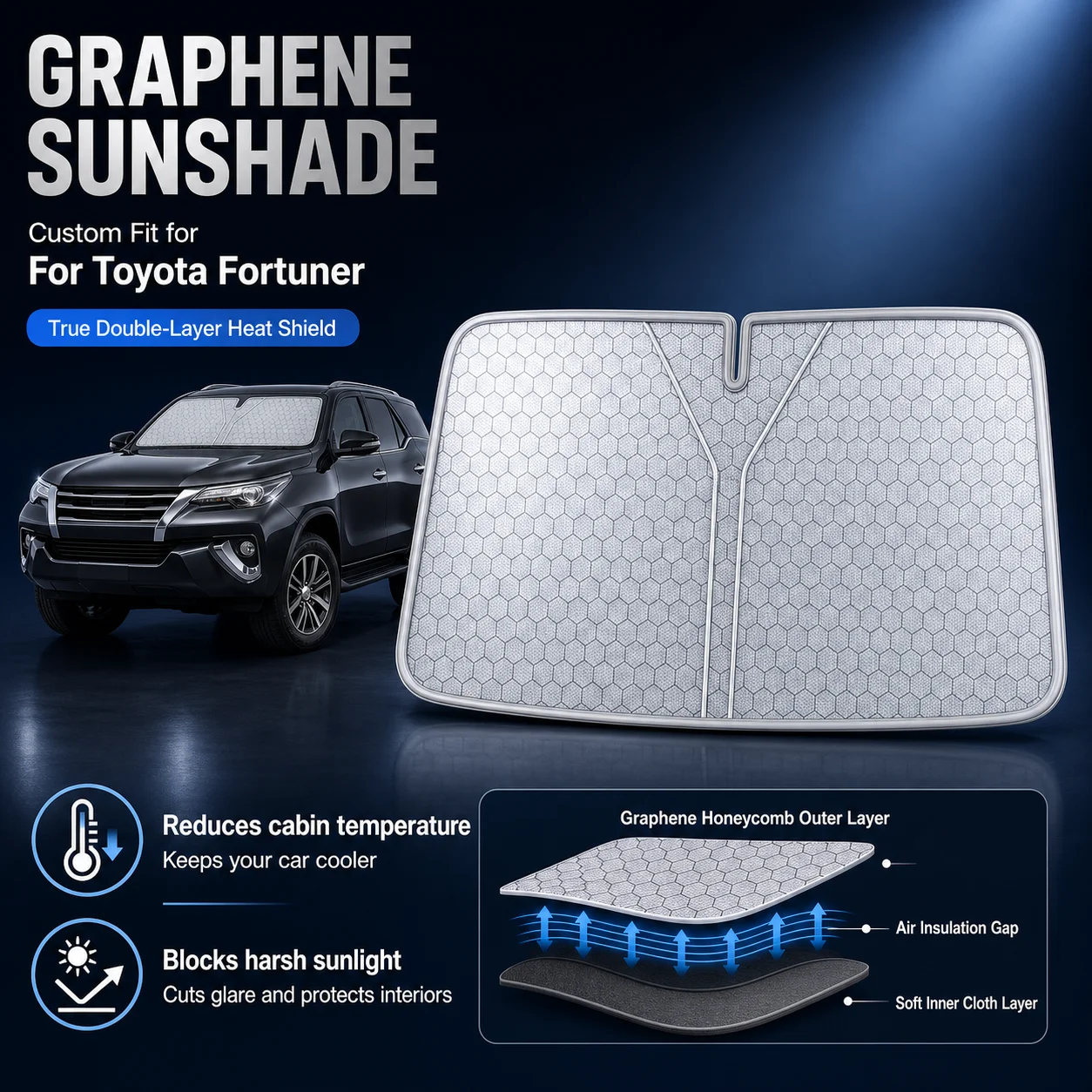 Pare-soleil en graphène pour Toyota Fortuner, pare-soleil de voiture sur mesure, protection UV, accessoires de voiture