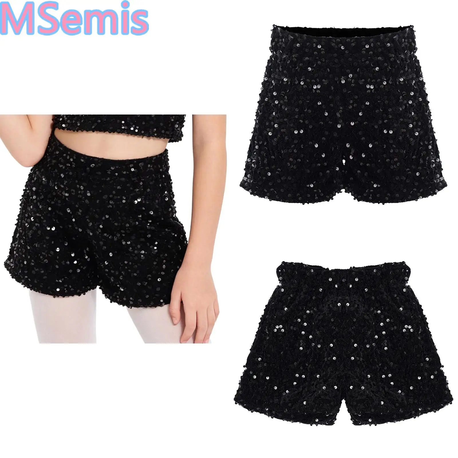 Kids Girls Jazz Tango Modern Dance Shorts Sparkly Sequins Performance Costume Elastic Waistband Velvet Shorts Street Dancewear