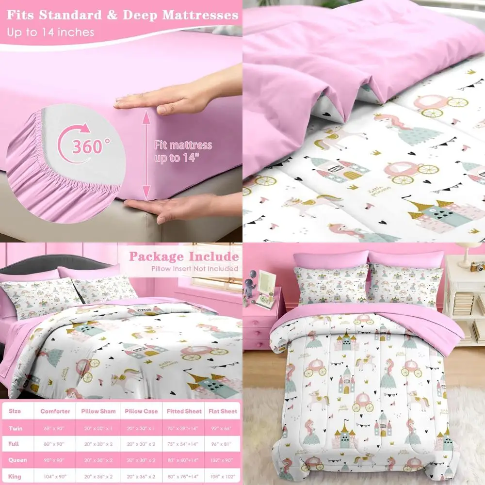 

Full Size Sweet Princess Castle 7pc Bedding Set for Girls, Pink Unicorn Sheets with Fitted, 2 Pillowcases & 2 Shams