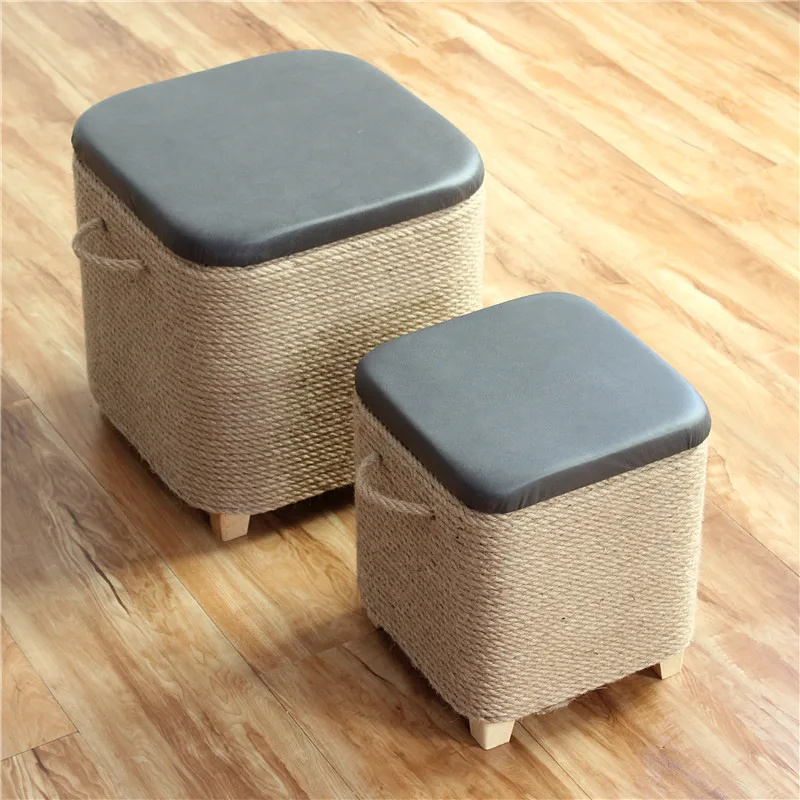 

Hemp Rope Low Stool, Home Shoe Bench, Tatami Wood Round Footstool, Sofa Storage Bench, Multi-Purpose Living Room Ottoman