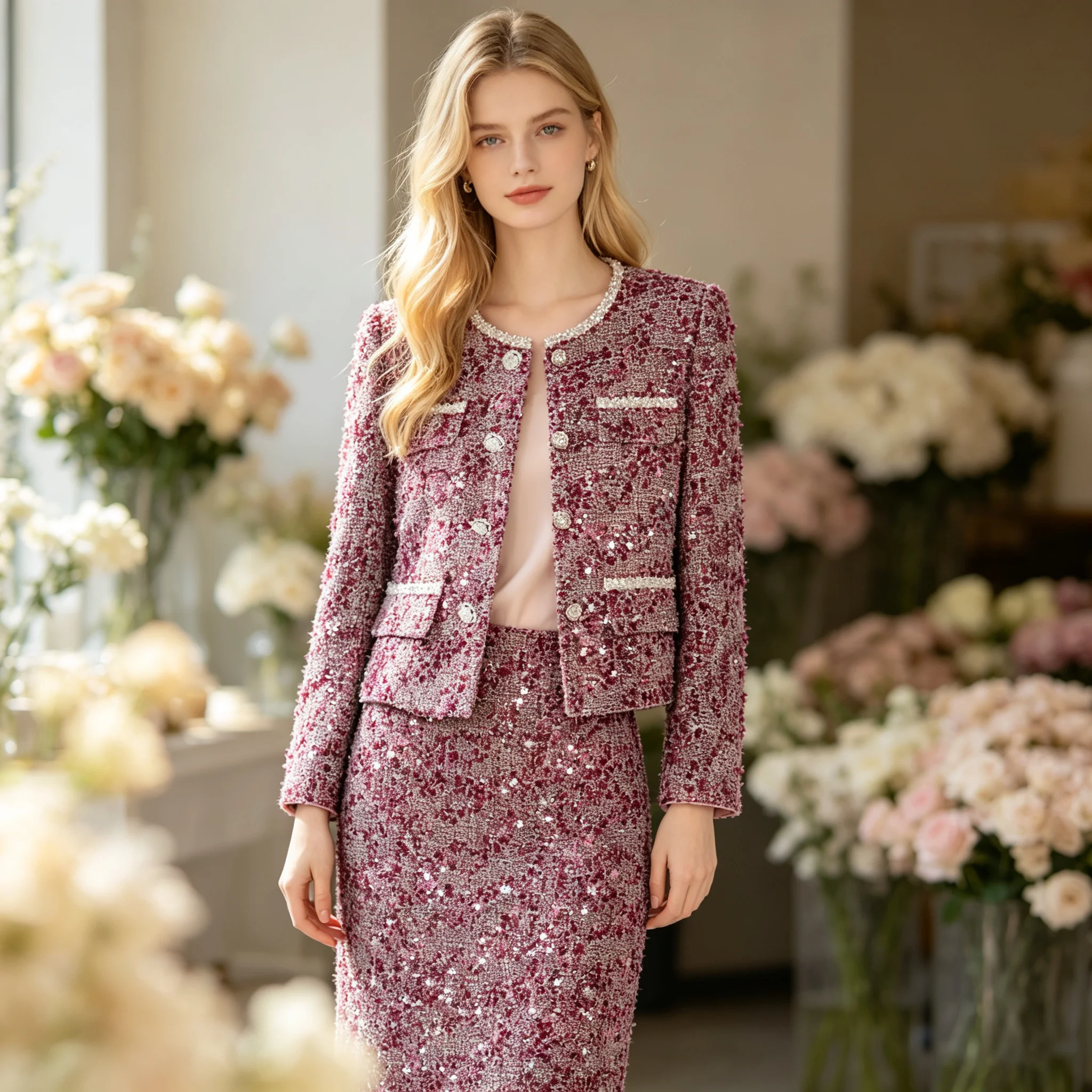 Autumn Winter Women Sequined Tweed Skirt Set Round Neck Long Sleeve Jacket Midi Pencil Skirt Formal Suit