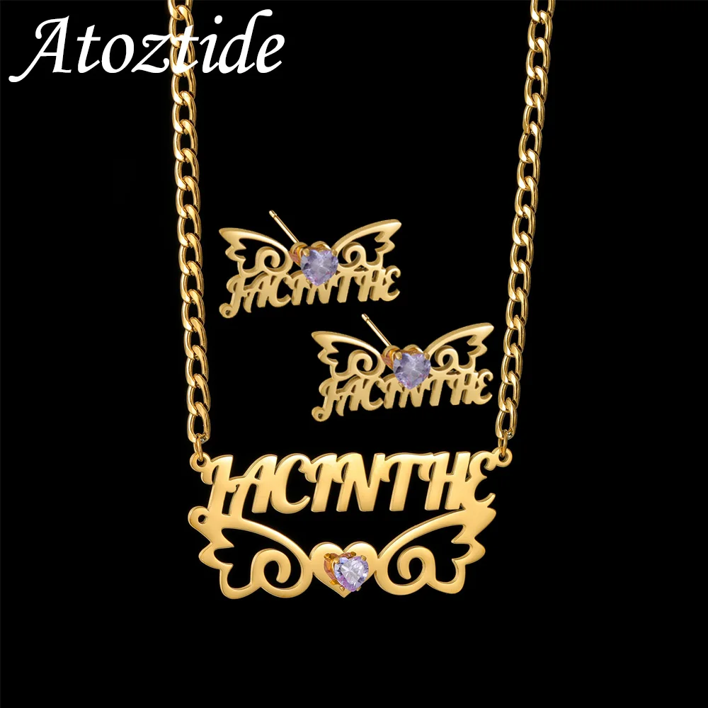 

Atoztide Personalized Custom Name Necklace Earring Jewelry Set Wing Zircon Heart Pendant Stainless Steel for Women Birthday Gift