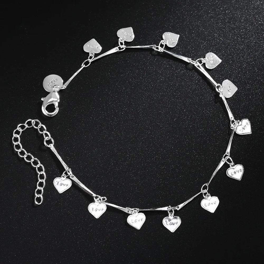 925 Sterling Silver Bracelet  Lucky Love Letter Heart Fashion Chain Linked For Women Charm Bangle Jewelry Pulseira Christmas