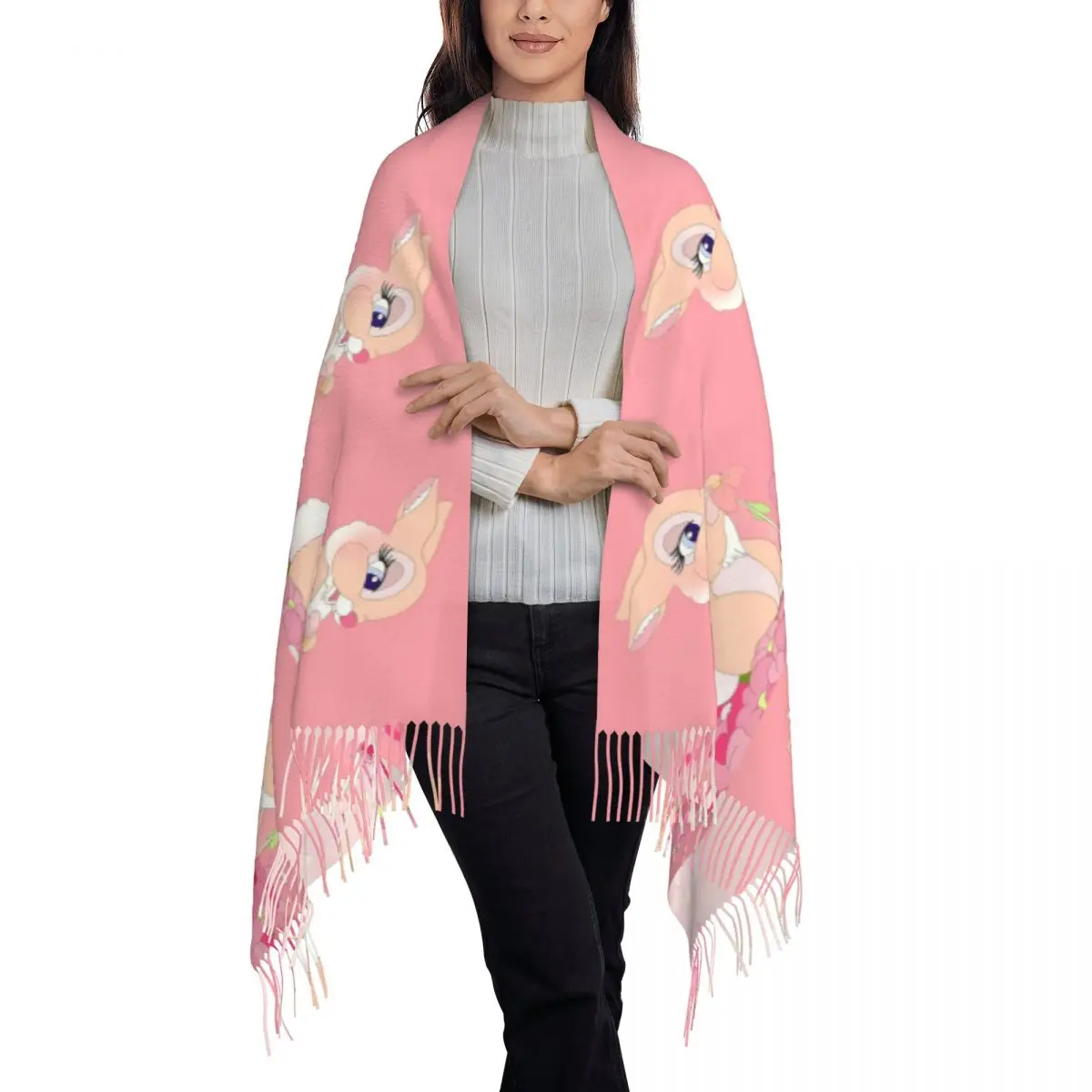 Custom Ladies Large Bambi Rabbit Cartoon Animes Scarves Women Winter Fall Soft Warm Tassel Shawl Wrap Scarf