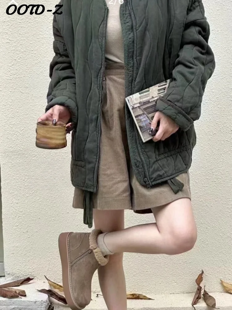 Casual Solid Cotton-padded Coat Women O-neck Zipper Wavy-striped Drawstring Long Sleeve Coat Female  Autumn Winter Lady Outwear