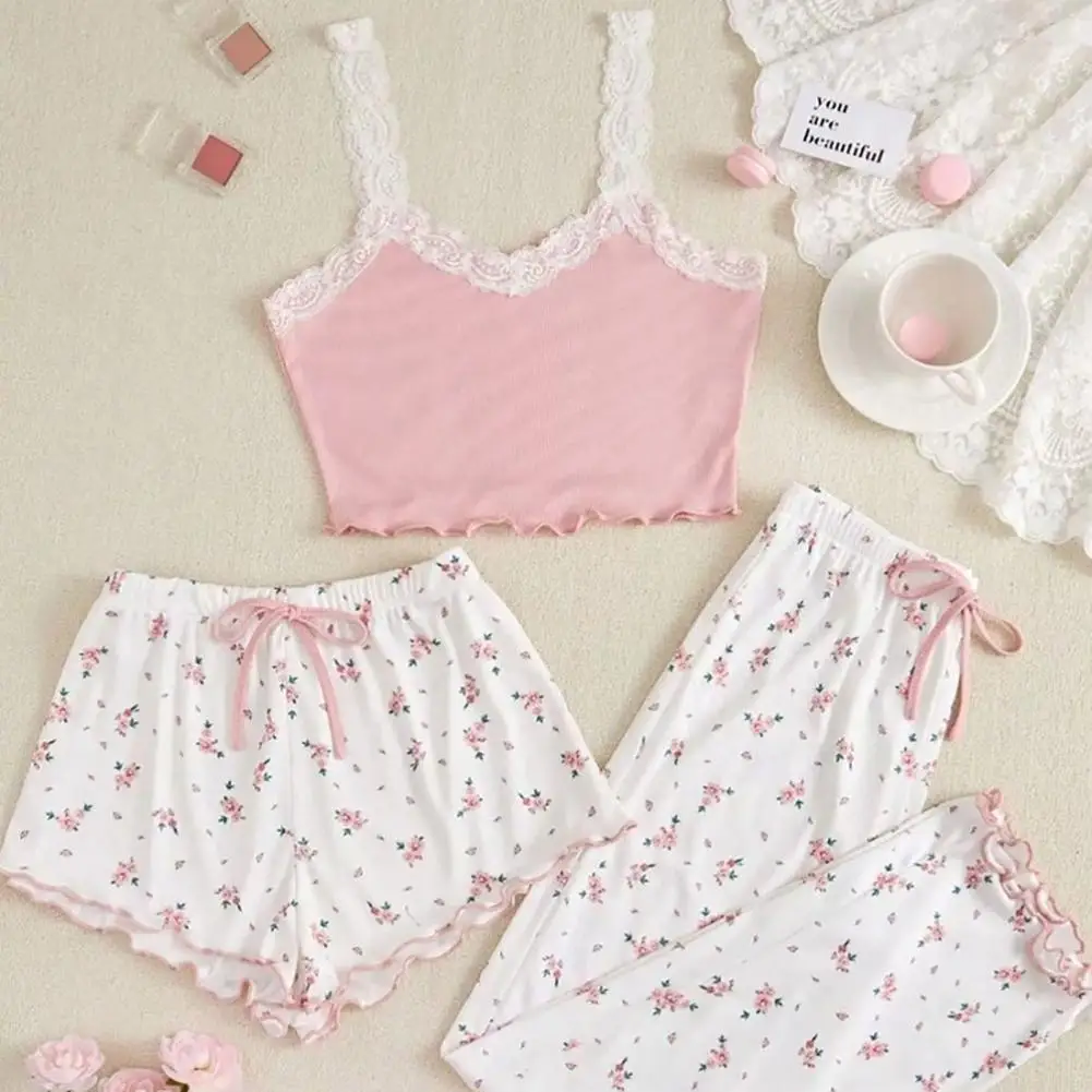 Heart Print Sleepwear Stylish 3-piece Women\'s Pajama Set Lace Strap Camisole Heart Print Shorts Wide Leg Pants for Comfortable