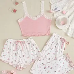 Heart Print Sleepwear Stylish 3-piece Women's Pajama Set Lace Strap Camisole Heart Print Shorts Wide Leg Pants for Comfortable