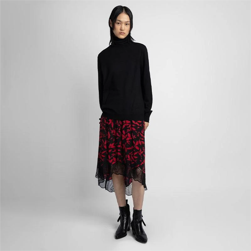 Zadig Women Long Skirt Elegant Maple Leaf Lace Jupes Viscose Skirts Female Casual Balck Red Print Knee Length Chic Long Skirts