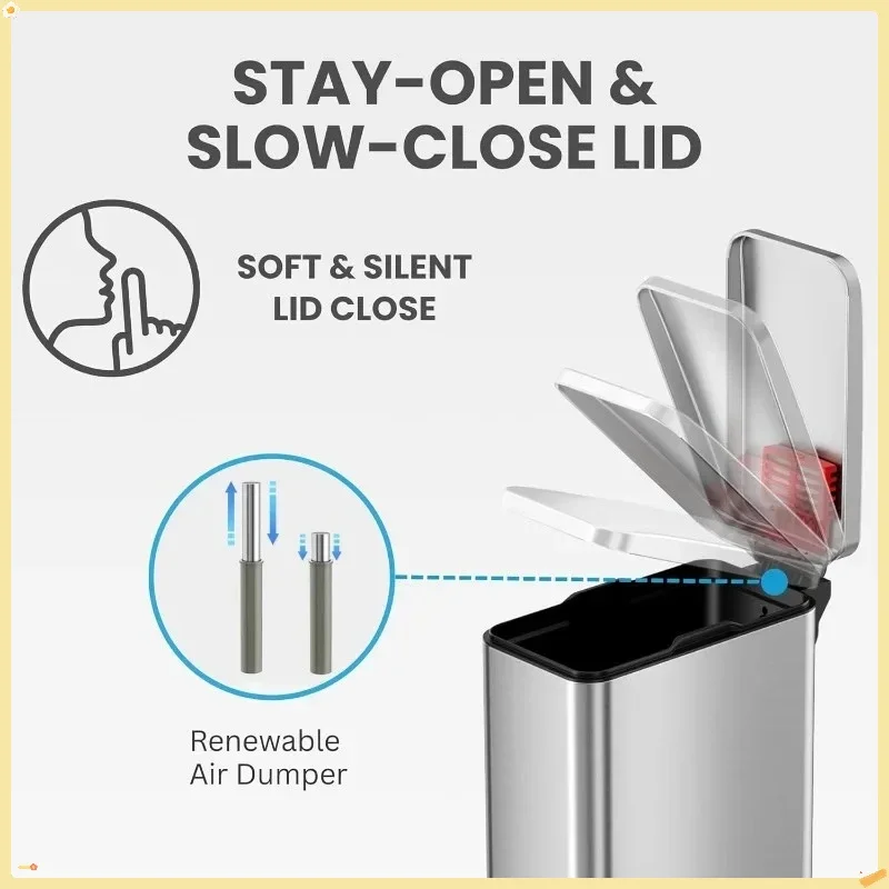 سلة مهملات رفيعة من الفولاذ المقاوم للصدأ سعة 11.4 لتر مع فلتر للرائحة، سلة مهملات حديثة للحمام والمكتب والمطبخ